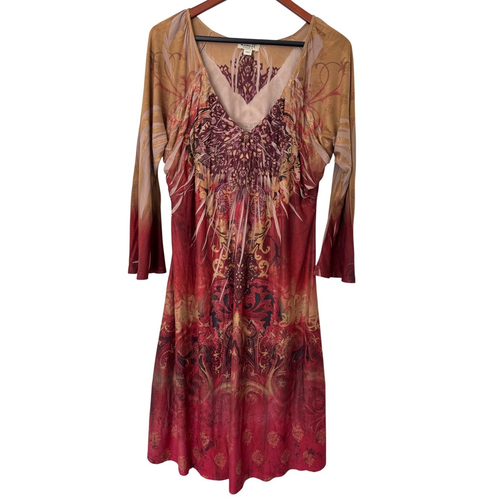 One World Dress Womens L Long Sleeve V Neck Red Brown Abstract Print Casual‎